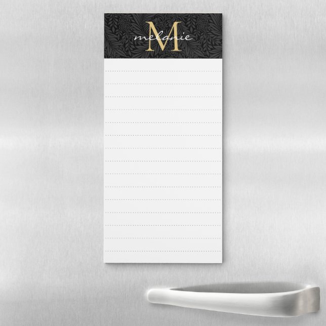 Elegant Black Gold Floral Script Monogram Magnetic Notepad (In Situ)