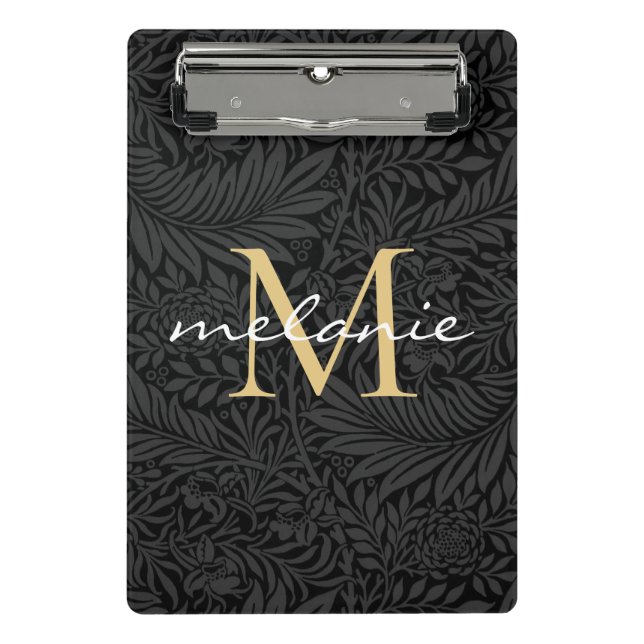 Elegant Black Gold Floral Script Monogram Mini Clipboard (Front)