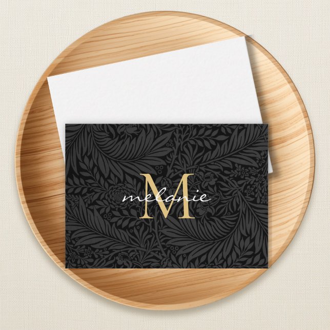 Elegant Black Gold Floral Script Monogram Note Card (Creator Uploaded)