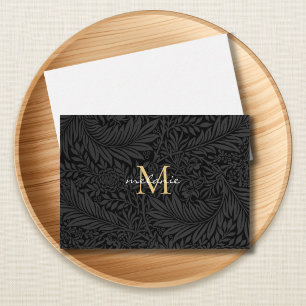 Elegant Black Gold Floral Script Monogram Note Card