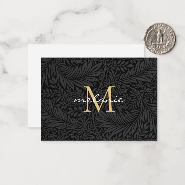 Elegant Black Gold Floral Script Monogram Note Card (Front/Back In Situ)