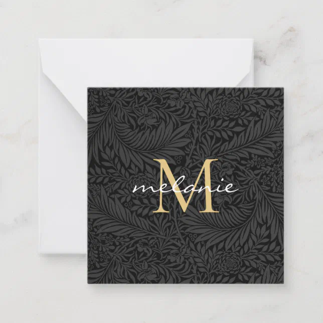 Elegant Black Gold Floral Script Monogram Note Card | Zazzle