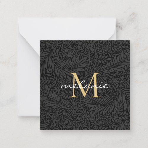 Elegant Black Gold Floral Script Monogram Note Card