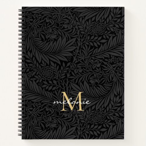 Elegant Black Gold Floral Script Monogram Notebook