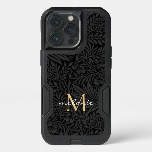 Elegant Black Gold Floral Script Monogram iPhone 13 Pro Case