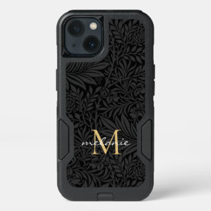 Elegant Black Gold Floral Script Monogram iPhone 13 Case