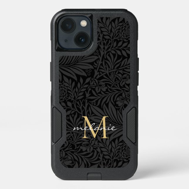 Elegant Black Gold Floral Script Monogram Otterbox iPhone Case (Back)
