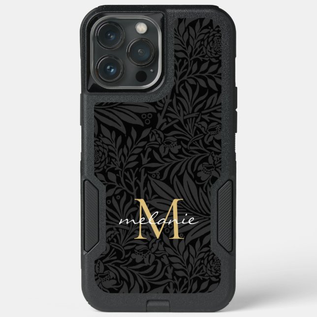 Elegant Black Gold Floral Script Monogram Otterbox iPhone Case (Back)