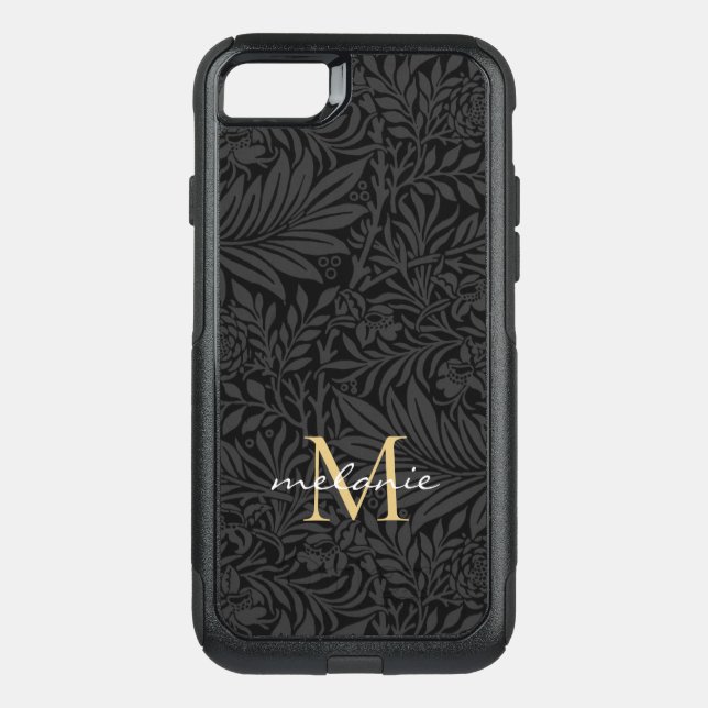 Elegant Black Gold Floral Script Monogram Otterbox iPhone Case (Back)