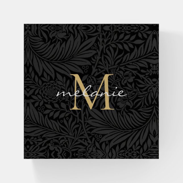 Elegant Black Gold Floral Script Monogram Paperweight (Front)