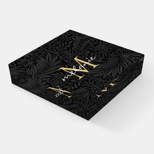 Elegant Black Gold Floral Script Monogram Paperweight