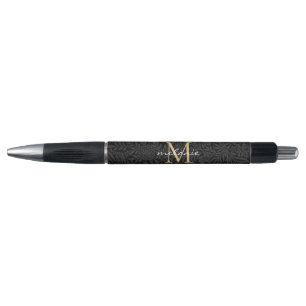 Elegant Black Gold Floral Script Monogram Pen