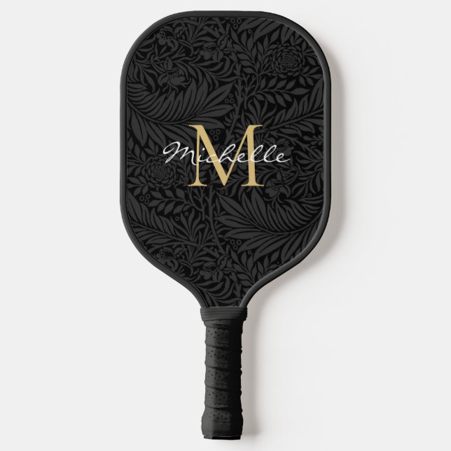 Elegant Black Gold Floral Script Monogram Pickleball Paddle (Back)