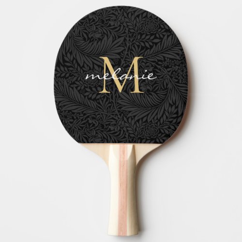 Elegant Black Gold Floral Script Monogram Ping Pong Paddle
