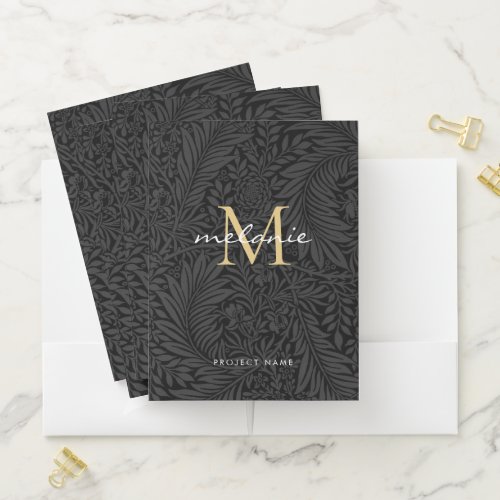 Elegant Black Gold Floral Script Monogram Pocket Folder