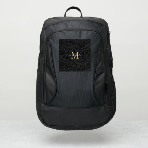 Elegant Black Gold Floral Script Monogram Port Authority® Backpack