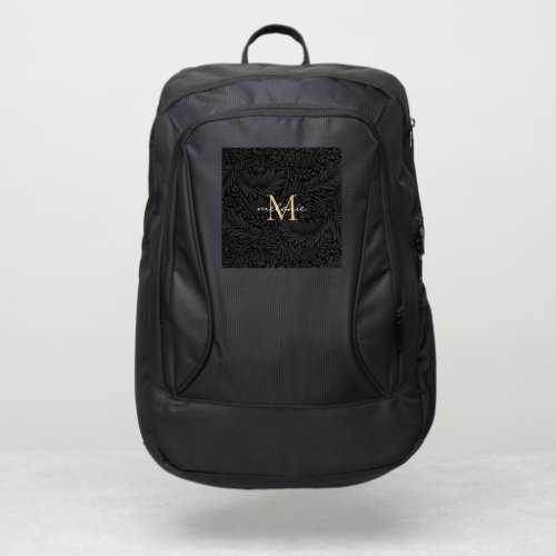 Elegant Black Gold Floral Script Monogram Port Authority Backpack