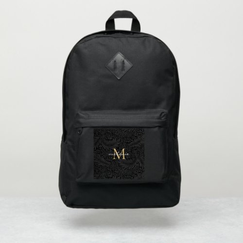Elegant Black Gold Floral Script Monogram Port Authority Backpack