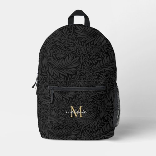 Elegant Black Gold Floral Script Monogram Printed Backpack