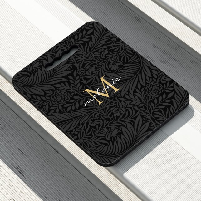 Elegant Black Gold Floral Script Monogram Seat Cushion (In Situ)
