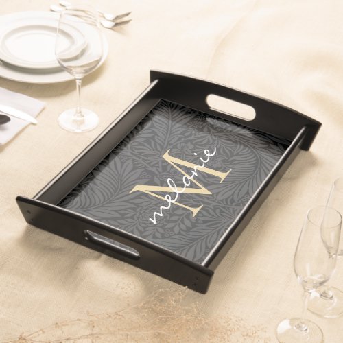 Elegant Black Gold Floral Script Monogram Serving Tray