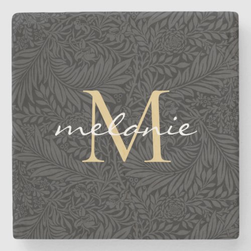 Elegant Black Gold Floral Script Monogram Stone Coaster