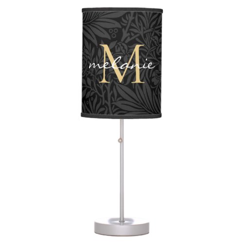 Elegant Black Gold Floral Script Monogram Table Lamp