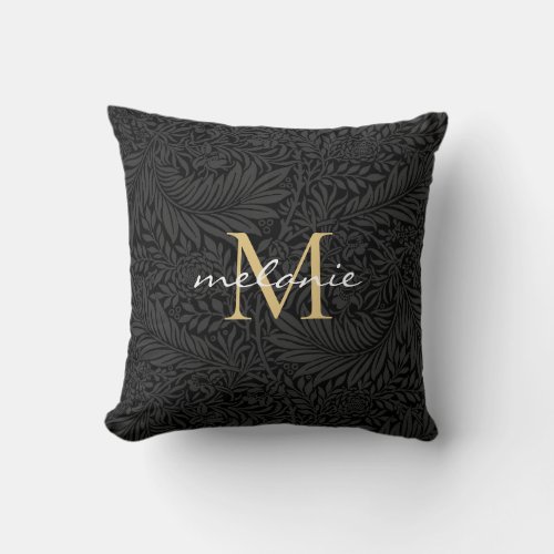 Elegant Black Gold Floral Script Monogram Throw Pillow