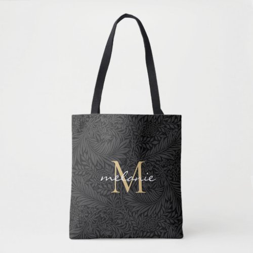 Elegant Black Gold Floral Script Monogram Tote Bag