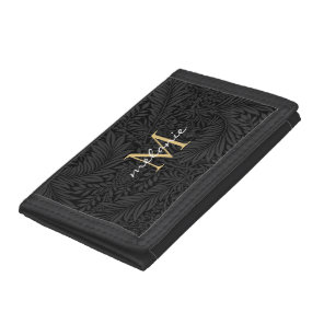 Elegant Black Gold Floral Script Monogram Tri-fold Wallet