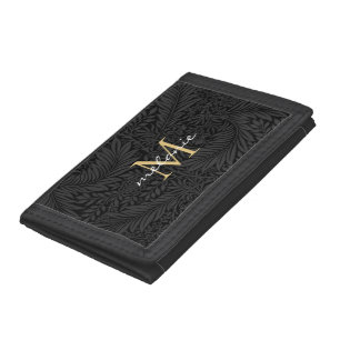Elegant Black Gold Floral Script Monogram Tri-fold Wallet