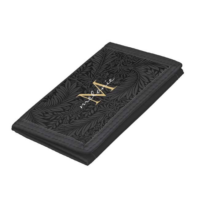 Elegant Black Gold Floral Script Monogram Trifold Wallet (Bottom)