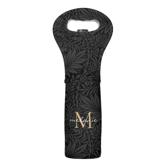 Elegant Black Gold Floral Script Monogram Wine Bag (Front)