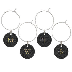 Elegant Black Gold Floral Script Monogram Wine Charm
