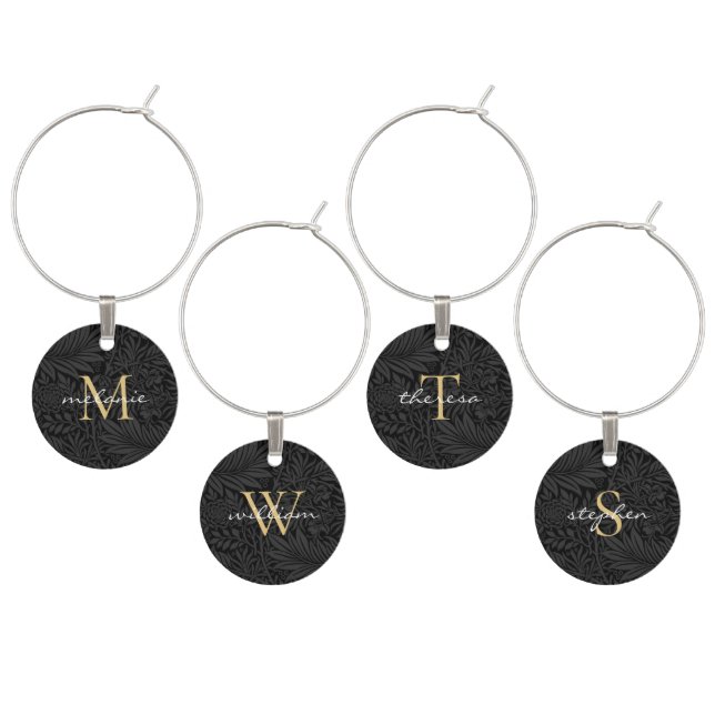 Elegant Black Gold Floral Script Monogram Wine Charm (Staggered)