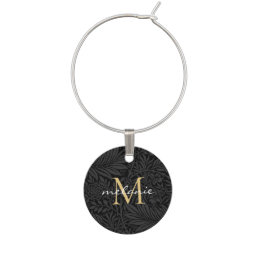 Elegant Black Gold Floral Script Monogram Wine Charm