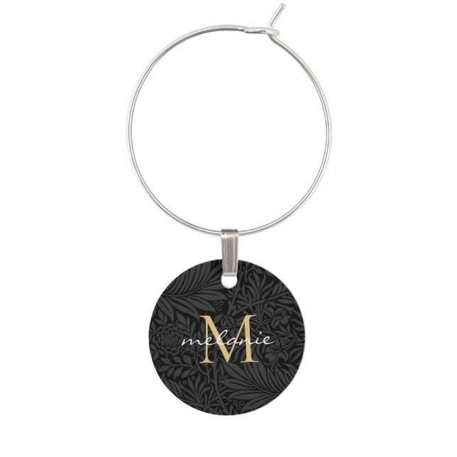 Elegant Black Gold Floral Script Monogram Wine Charm (Front)