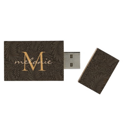 Elegant Black Gold Floral Script Monogram Wood Flash Drive