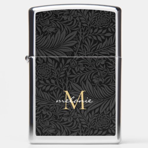 Elegant Black Gold Floral Script Monogram Zippo Lighter