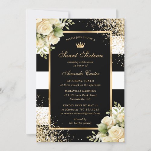 Elegant Black Gold Floral Sweet Sixteen Birthday Invitation