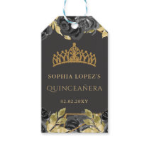 Elegant Black Gold Floral Tiara Quinceanera  Gift Tags