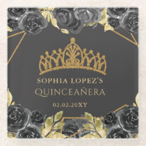 Elegant Black Gold Floral Tiara Quinceanera  Glass Coaster