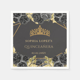 Elegant Black Gold Floral Tiara Quinceanera  Napkins