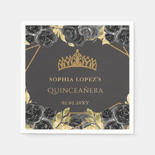 Elegant Black Gold Floral Tiara Quinceanera  Napkins