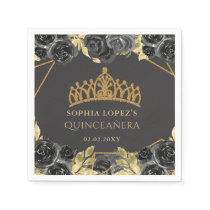 Elegant Black Gold Floral Tiara Quinceanera  Napkins