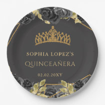 Elegant Black Gold Floral Tiara Quinceanera  Paper Plates