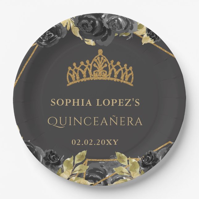 Elegant Black Gold Floral Tiara Quinceanera  Paper Plates (Front)