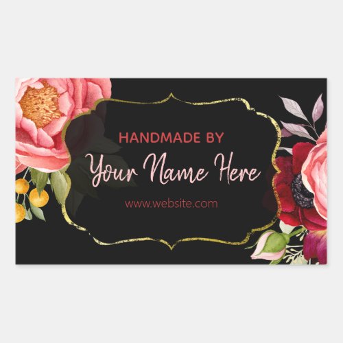 Elegant Black Gold Floral Watercolor Handmade Rectangular Sticker