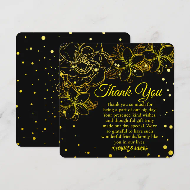 Elegant Black & Gold Floral Wedding Anniversary Thank You Card | Zazzle