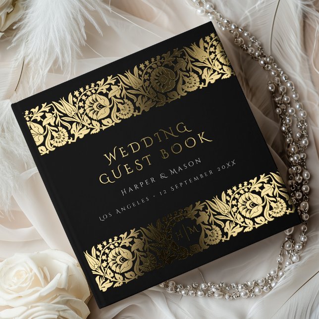 Elegant Black Gold Floral Wedding Foil Guest Book (Creator Uploaded)